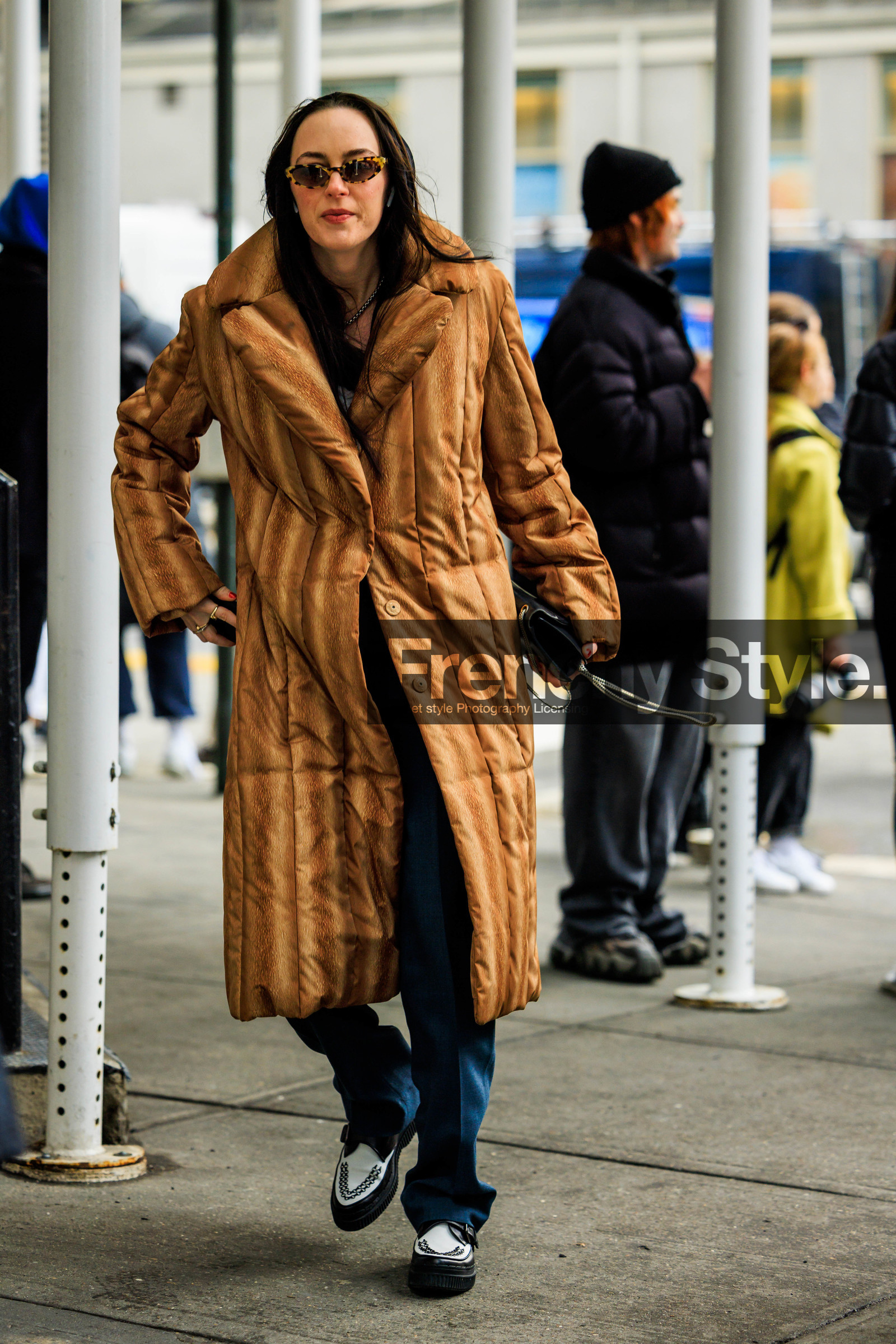 puffes winter jacket, furry printed coat, brown winter jacket, white braid derbies, black pants, tortoise sunglasses, cat eye sunglasses, black clutch, leather clutch, street style, jonathan paciullo, FW, frenchystyle, fashion week, NYFW, NEW YORK, AUTUMN WINTER 2022-2023, FALL WINTER 2022_2023, FW 22-23, vertical, full length