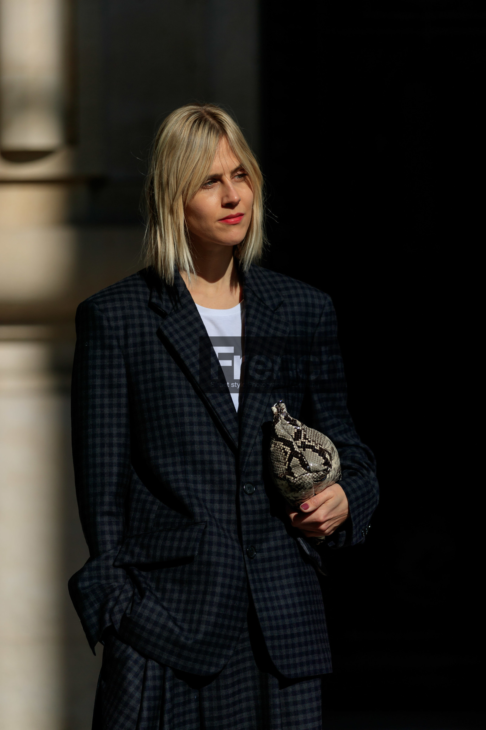 animal print, beige bag, black jacket, black pants, black suit, blazer, gingham, graphic bag, graphic jacket, graphic pants, leather bag, linda tol, printed bag, printed jacket, printed pants, snake print, trousers, white t shirt, PARIS, PFW, street style, jonathan paciullo, FW, frenchystyle, fashion week, AUTUMN WINTER 2019-2020, AW 19-20, FALL WINTER 2019-2020, FW 19-20, vertical, atmosphere details, detail