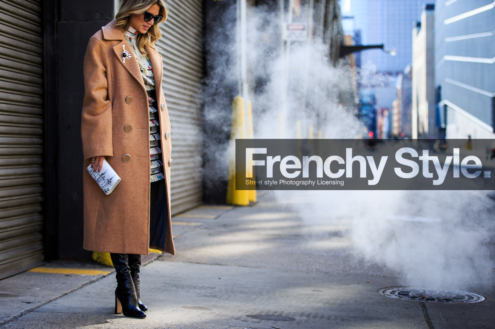 atmosphere details, AUTUMN WINTER 2016-2017, AW 16-17, beige coat, black boots, brooch, detail, FALL WINTER 2016-2017, fashion week, frenchystyle, FW, FW 16-17, helena bordon, high boots, high heels, horizontal, jonathan paciullo, layers, leather boots, NEW YORK, NYFW, overcoat, pleated dress, printed dress, silk dress, street style, sunglasses, white dress, woman