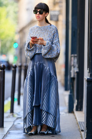 ballerinas, chanel, grey shoes, grey skirt, grey sweater, leather shoes, pleated skirt, sunglasses, fashion week, frenchystyle, FW, jonathan paciullo, street style, PFW, PARIS, vertical, full length, AUTUMN WINTER 2018-2019, FALL WINTER 2018-2019, FW 18-19