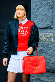 AUTUMN WINTER 2017-2018, AW 17-18, black beanie, black jacket, blue shirt, bomber jacket, detail, FALL WINTER 2017-2018, fashion week, frenchystyle, FW, FW 17-18, jonathan paciullo, lacoste, leather bag, model, NEW YORK, NYFW, pleated skirt, printed sweater, red bag, red sweater, street style, striped shirt, vertical, white skirt