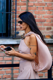 black sunglasses, square shape glasses, nude dress, sleeveless dress, nude cape, big necklace, golden necklace, blue necklace, strassed necklace, valentino dress, valentino necklace, gilda ambrosio, street style, jonathan paciullo, FW, frenchystyle, fashion week, MFW, MILAN, SPRING SUMMER 2021, SS 21, vertical, detail