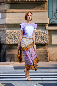 camel bag, embroideries, floral, flowers, fringes, golden shoes, graphic skirt, high heels, leather bag, leather shoes, printed skirt, purple top, sequined, fashion week, frenchystyle, FW, jonathan paciullo, street style, MFW, MILAN, SPRING SUMMER 2019, SS 19, vertical, full length