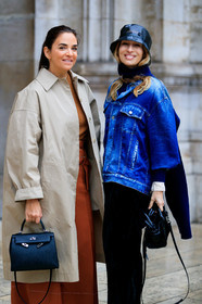laure heriard dubreuil, alexandra golovanoff, light beige trench coat, camel pullover, camel pants, black leather bag, hand bag, hermes bag, kelly hermes bag, black hat, black pants, black polish bag, mini bag, balenciaga bag, sheer hat, plastic hat, maison michel hat, denim, denim jacket, blue jacket, blue pullover, knit jacket, asymetrical jacket, velvet pants, stella mccartney jacket, fashion week, frenchystyle, FW, jonathan paciullo, street style, PFW, PARIS, vertical, atmosphere details, detail