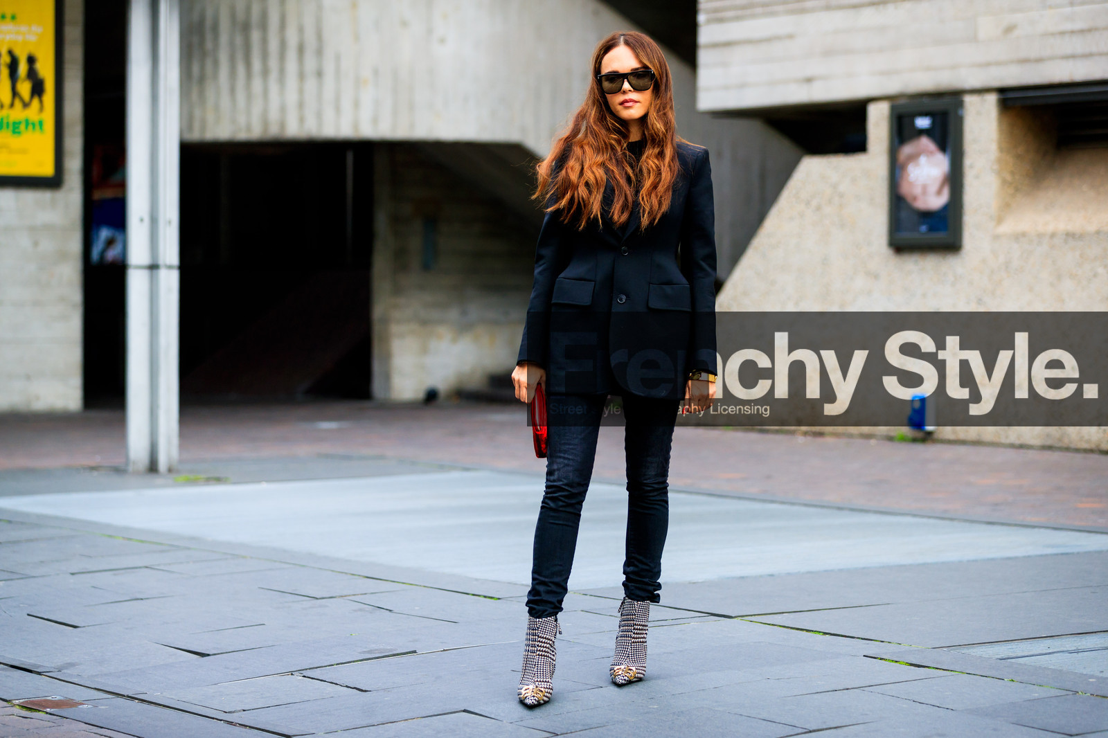 balenciaga, black and white shoes, black denim, black jacket, blazer, denim pants, evangelie smyrniotaki, golden details, high heels, houndstooth pattern, jeans, leather bag, leather shoes, long hair, red bag, sunglasses, trousers, fashion week, frenchystyle, FW, jonathan paciullo, street style, LFW, LONDON, SPRING SUMMER 2019, SS 19, atmosphere details, horizontal, full length