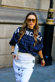 balenciaga, blue shirt, bracelet, checked, graphic shirt, graphic skirt, leather bag, plaid, printed shirt, printed skirt, sunglasses, watch, white bag, white skirt, fashion week, frenchystyle, FW, jonathan paciullo, street style, LFW, LONDON, SPRING SUMMER 2019, SS 19, vertical, detail, atmosphere details