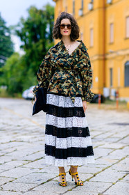 black and white, camo jacket, camouflage, fashion week, frenchystyle, full length, FW, graphic skirt, green jacket, high heels, jonathan paciullo, kaki jacket, lace skirt, leather bag, leather shoes, MFW, MILAN, military jacket, prada, printed jacket, printed skirt, SPRING SUMMER 2017, SS 17, street style, striped skirt, sunglasses, vertical, yellow sandals
