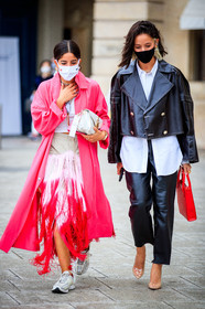 alexandra guerain, pink trench coat, pink skirt, fringe skirt, long skirt, tie and dye skirt, white leather bag, j w anderson bag, white sneakers, nike shoes, black jacket, black leather pants, black leather jacket, white shirt, red leather bag, victoria tomas bag, hand bag, carrot pants, sheer pumps, covid face mask, fashion week, frenchystyle, FW, jonathan paciullo, street style, PFW, PARIS, SPRING SUMMER 2021, SS 21, vertical, full length